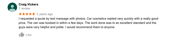Review on google maps of the service from Car Cosmetics